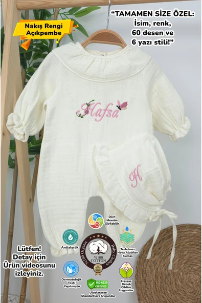 gros shop Müslin Yeni Doğan 4Katlı Organik %100Pamuk Kişiye Özgü Nakışlı Hastane Çıkış Seti(Kelebekli Papatya) ürün görseli