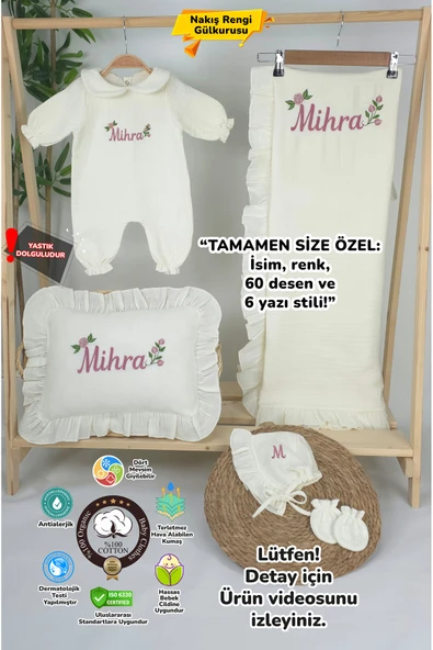 gros shop Müslin Yeni Doğan 4Katlı Organik %100Pamuk Kişiye Özgü Nakışlı Hastane Çıkış Seti (Güllü Mode-3) ürün görseli