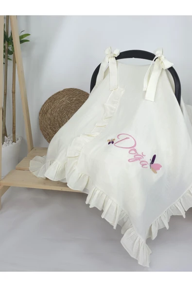 gros shop Müslin Yeni Doğan 4Katlı Organik %100Pamuk Kişiye Özgü Nakışlı Hastane Çıkış Seti (Kelebek Model-1) - Resim 2