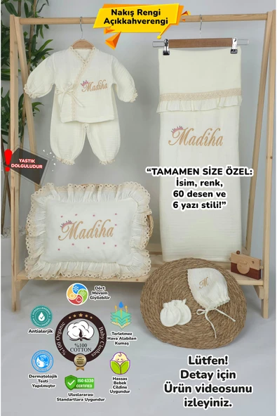 gros shop Müslin Yeni Doğan 4Katlı Organik %100Pamuk Kişiye Özgü Nakışlı Hastane Çıkış Seti (Papatya Model-10) ürün görseli