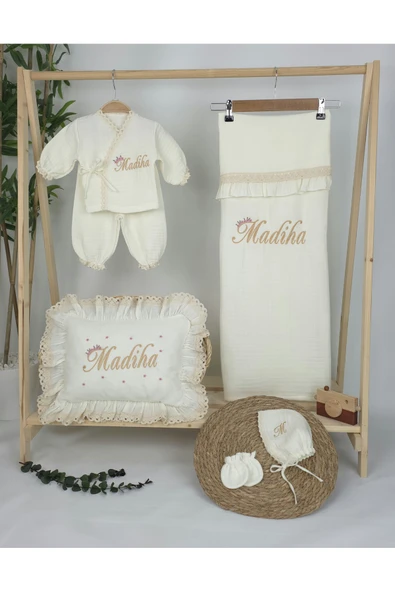 gros shop Müslin Yeni Doğan 4Katlı Organik %100Pamuk Kişiye Özgü Nakışlı Hastane Çıkış Seti (Papatya Model-10) - Resim 2