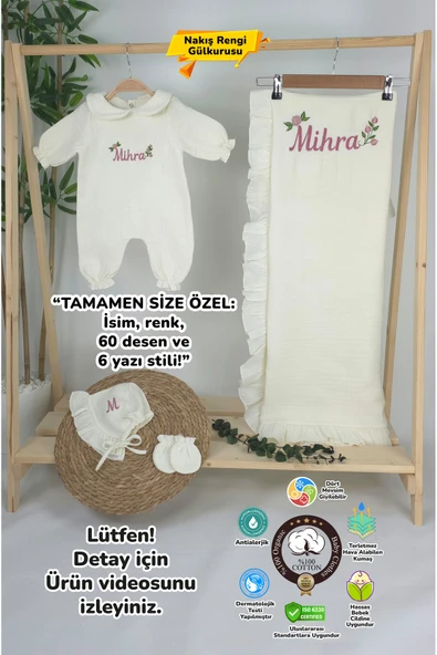 gros shop Müslin Yeni Doğan 4Katlı Organik %100Pamuk Kişiye Özgü Nakışlı Hastane Çıkış Seti (Güllü Mode-3) ürün görseli