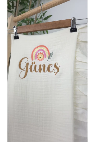 gros shop Müslin Yeni Doğan 4Katlı Organik %100Pamuk Kişiye Özgü Nakışlı Hastane Çıkış Seti(Gökkuşağı Model-3) - Resim 3