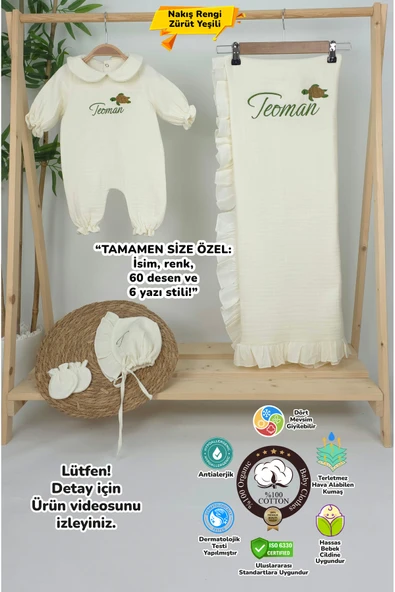 gros shop Müslin Yeni Doğan 4Katlı Organik %100Pamuk Kişiye Özgü Nakışlı Hastane Çıkış Seti (Kablunbağa Model) ürün görseli