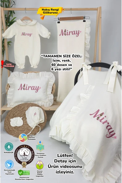 gros shop Müslin Yeni Doğan 4Katlı Organik %100Pamuk Kişiye Özgü Nakışlı Hastane Çıkış Seti (Papatya Model-12) ürün görseli