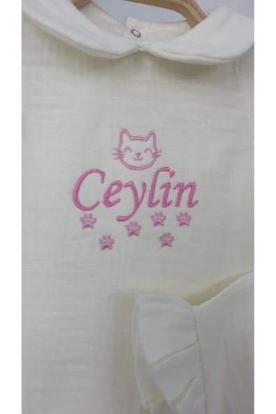 gros shop Müslin Yeni Doğan 4Katlı Organik %100Pamuk Kişiye Özgü Nakışlı Hastane Çıkış Seti (Kedi Patisi) - Resim 3