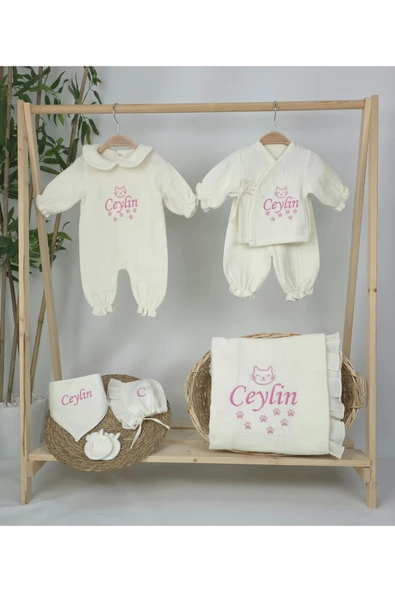 gros shop Müslin Yeni Doğan 4Katlı Organik %100Pamuk Kişiye Özgü Nakışlı Hastane Çıkış Seti (Kedi Patisi) - Resim 2