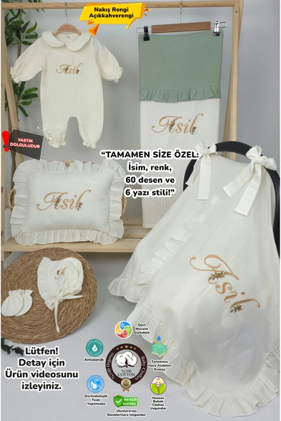 gros shop Müslin Yeni Doğan 4Katlı Organik %100Pamuk Kişiye Özgü Nakışlı Hastane Çıkış Seti (Papatya Model-3) - Resim 4