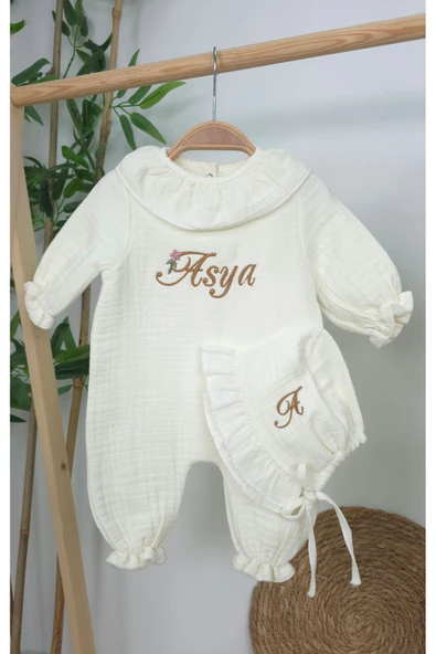 gros shop Müslin Yeni Doğan 4Katlı Organik %100Pamuk Kişiye Özgü Nakışlı Hastane Çıkış Seti(Papatya Model-4) - Resim 2