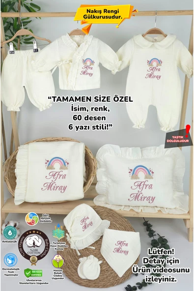 gros shop Müslin Yeni Doğan 4 Katlı Organik %100Pamuk Kişiye Özgü Nakışlı Hastane Çıkış Seti-Pudra Gökkuşağı ürün görseli