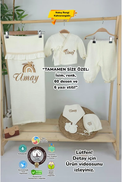 gros shop Müslin Yeni Doğan 4Katlı Organik %100Pamuk Kişiye Özgü Nakışlı Hastane Çıkış Seti(Gökkuşağı Model1) ürün görseli 1