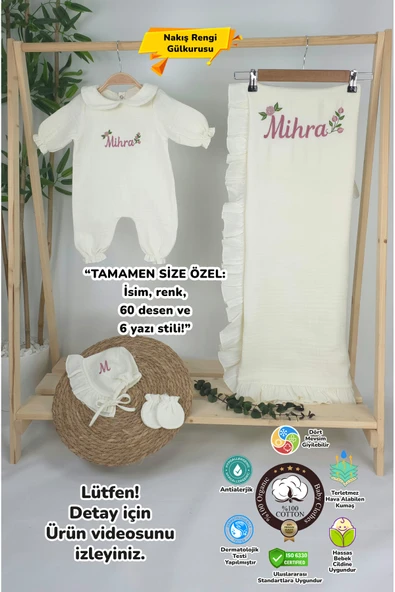 gros shop Müslin Yeni Doğan 4Katlı Organik %100Pamuk Kişiye Özgü Nakışlı Hastane Çıkış Seti- Güllü Model-1 - Resim 2