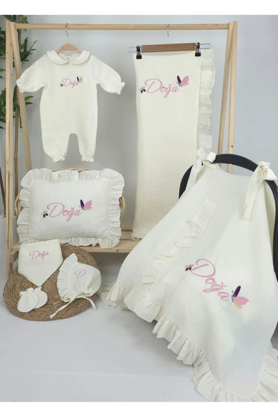 gros shop Müslin Yeni Doğan 4Katlı Organik %100Pamuk Kişiye Özgü Nakışlı Hastane Çıkış Seti (Kelebek Model-1) ürün görseli