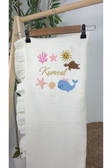 gros shop Müslin Yeni Doğan 4Katlı Organik %100Pamuk Kişiye Özgü Nakışlı Hastane Çıkış Seti(Okyanus Model-2) - Resim 4