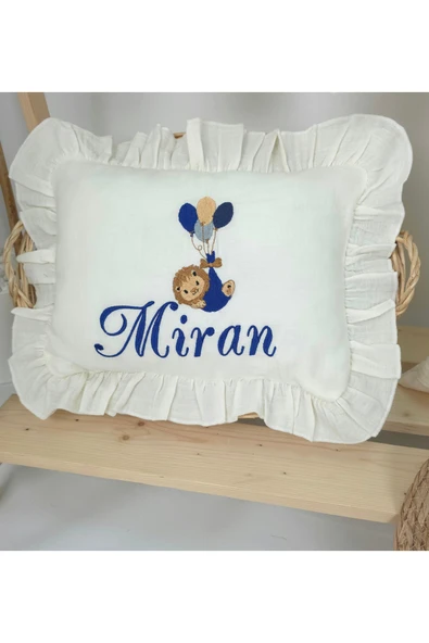gros shop Müslin Yeni Doğan 4Katlı Organik %100Pamuk Kişiye Özgü Nakışlı Hastane Çıkış Seti (Balonlu Aslan-4) - Resim 4
