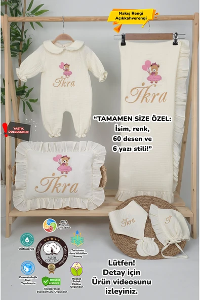 gros shop Müslin Yeni Doğan 4Katlı Organik %100Pamuk Kişiye Özgü Nakışlı Hastane Çıkış Seti (Ayıcık Model-5) ürün görseli