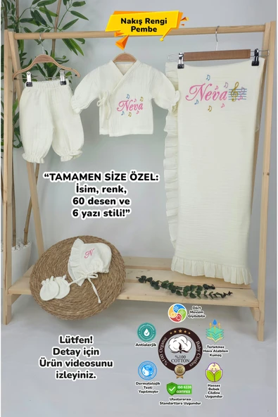 gros shop Müslin Yeni Doğan 4Katlı Organik %100Pamuk Kişiye Özgü Nakışlı Hastane Çıkış Seti (Nota Model) ürün görseli