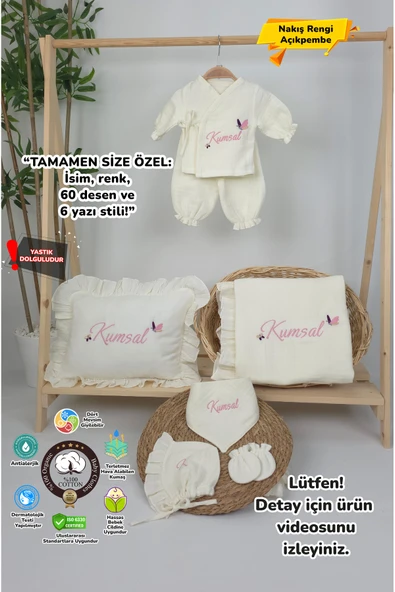 gros shop Müslin Yeni Doğan 4Katlı Organik %100Pamuk Kişiye Özgü Nakışlı Hastane Çıkış Seti (Kelebek Model-2) - 1