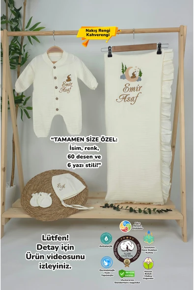 gros shop Müslin Yeni Doğan 4Katlı Organik %100Pamuk Kişiye Özgü Nakışlı Hastane Çıkış Seti (Kurt Model-1) ürün görseli