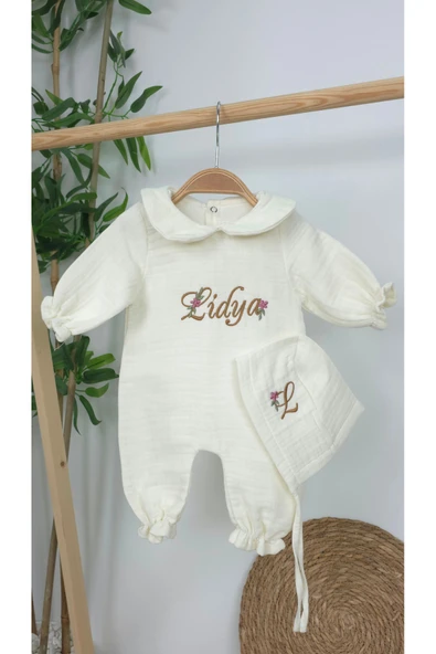 gros shop Müslin Yeni Doğan 4Katlı Organik %100Pamuk Kişiye Özgü Nakışlı Hastane Çıkış Seti (Papatya Model-9) - Resim 2