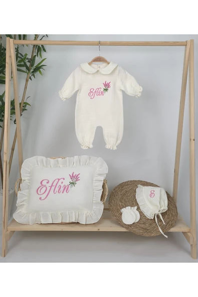 gros shop Müslin Yeni Doğan 4Katlı Organik %100Pamuk Kişiye Özgü Nakışlı Hastane Çıkış Seti (Lavanta Modeli) - Resim 2