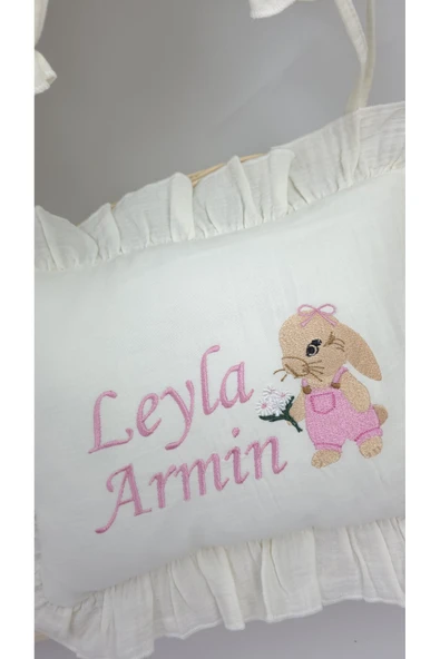 gros shop Müslin Yeni Doğan 4Katlı Organik %100Pamuk Kişiye Özgü Nakışlı Hastane Çıkış Seti-Tavşan Model-1 - 4