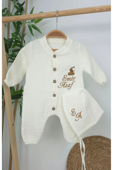 gros shop Müslin Yeni Doğan 4Katlı Organik %100Pamuk Kişiye Özgü Nakışlı Hastane Çıkış Seti (Kurt Model-1) - Resim 2