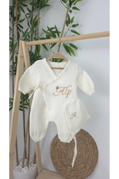 gros shop Müslin Yeni Doğan 4Katlı Organik %100Pamuk Kişiye Özgü Nakışlı Hastane Çıkış Seti-Dal Model - Resim 4