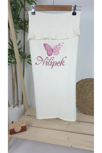 gros shop Müslin Yeni Doğan 4Katlı Organik %100Pamuk Kişiye Özgü Nakışlı Hastane Çıkış Seti (Çoklu Kelebek-2) - Resim 3