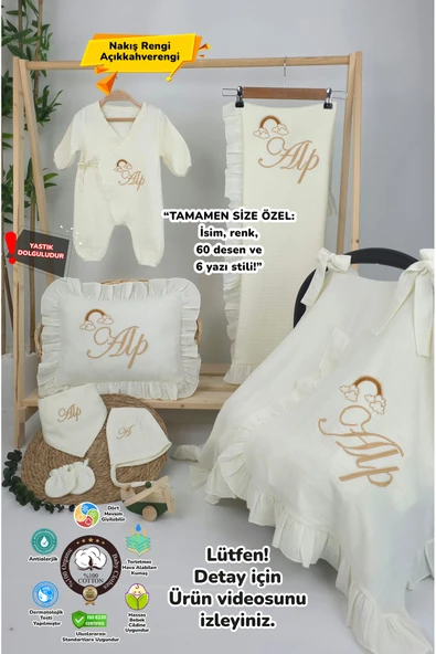 gros shop Müslin Yeni Doğan 4Katlı Organik %100Pamuk Kişiye Özgü Nakışlı Hastane Çıkış Seti (Gökkuşağı Model2) ürün görseli