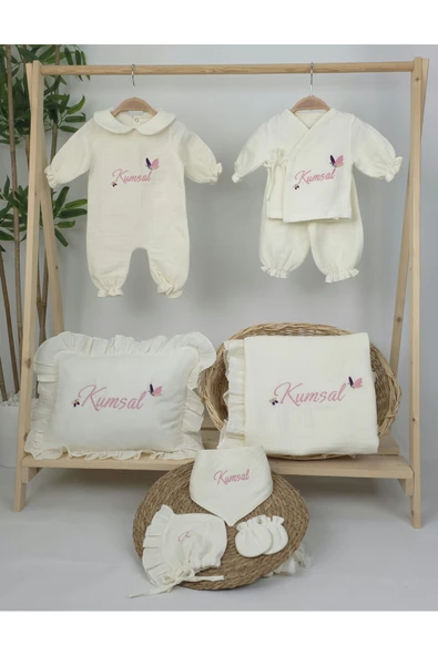 gros shop Müslin Yeni Doğan 4Katlı Organik %100Pamuk Kişiye Özgü Nakışlı Hastane Çıkış Seti (Kelebek Model-2) - Resim 2