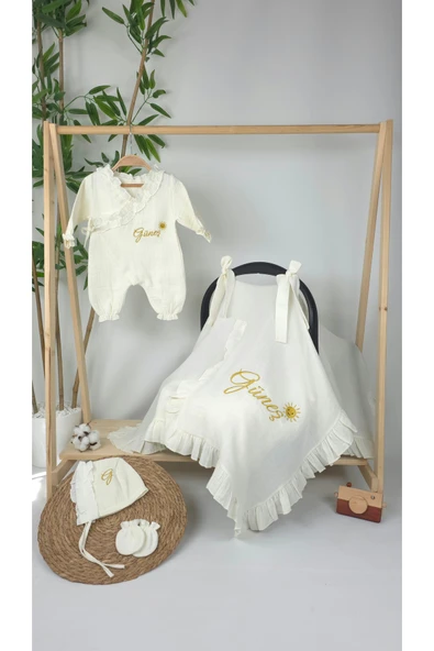 gros shop Müslin Yeni Doğan 4Katlı Organik %100Pamuk Kişiye Özgü Nakışlı Hastane Çıkış Seti-Güneş Model-1 - Resim 2