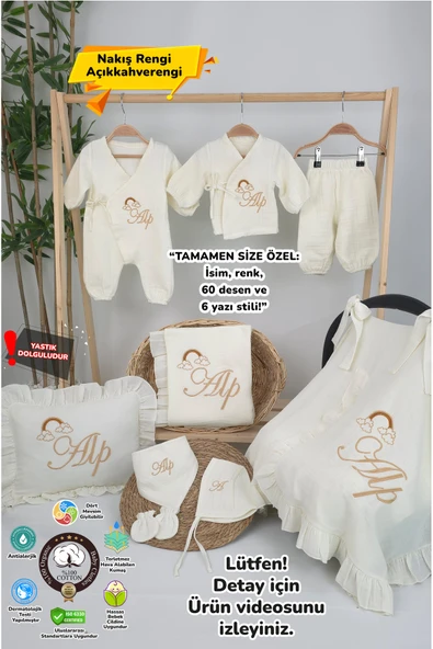 gros shop Müslin Yeni Doğan 4Katlı Organik %100Pamuk Kişiye Özgü Nakışlı Hastane Çıkış Seti (Gökkuşağı Model2) ürün görseli