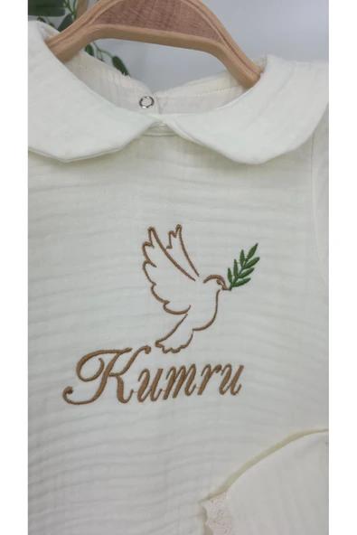 gros shop Müslin Yeni Doğan 4Katlı Organik %100Pamuk Kişiye Özgü Nakışlı Hastane Çıkış Seti (Kuş Model-2) - Resim 3