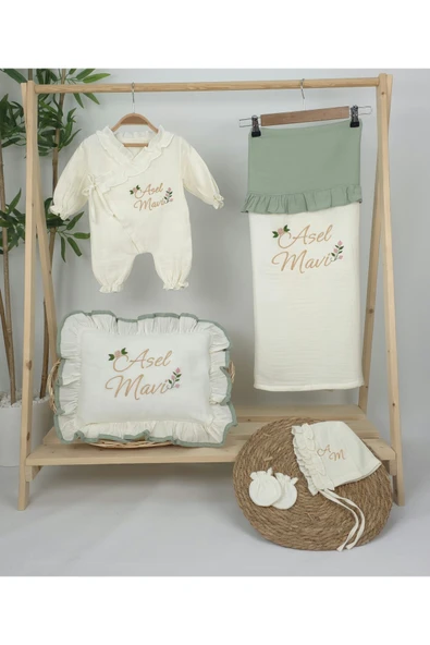 gros shop Müslin Yeni Doğan 4Katlı Organik %100Pamuk Kişiye Özgü Nakışlı Hastane Çıkış Seti (Güllü Model-5) - 2