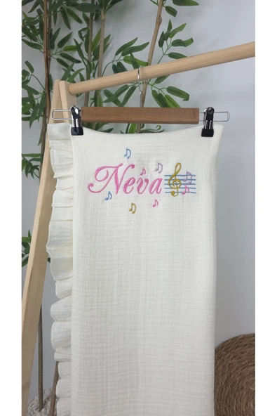 gros shop Müslin Yeni Doğan 4Katlı Organik %100Pamuk Kişiye Özgü Nakışlı Hastane Çıkış Seti (Nota Model) - Resim 3