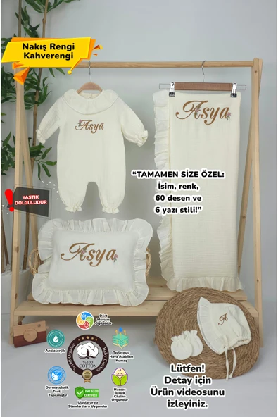gros shop Müslin Yeni Doğan 4Katlı Organik %100Pamuk Kişiye Özgü Nakışlı Hastane Çıkış Seti(Papatya Model-4) ürün görseli