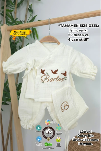 gros shop Müslin Yeni Doğan 4Katlı Organik %100Pamuk Kişiye Özgü Nakışlı Hastane Çıkış Seti(3'lü Kelebk Model) ürün görseli