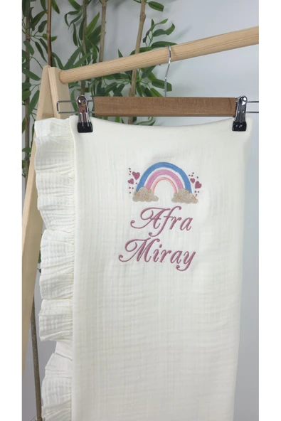 gros shop Müslin Yeni Doğan 4 Katlı Organik %100Pamuk Kişiye Özgü Nakışlı Hastane Çıkış Seti-Pudra Gökkuşağı - Resim 3