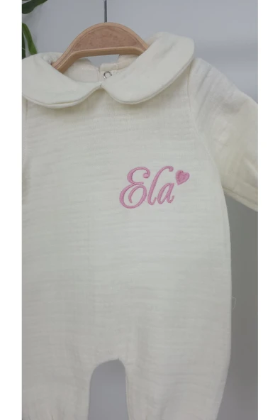 gros shop Müslin Yeni Doğan 4Katlı Organik %100Pamuk Kişiye Özgü Nakışlı Hastane Çıkış Seti (Kalpli Model-4) - Resim 4