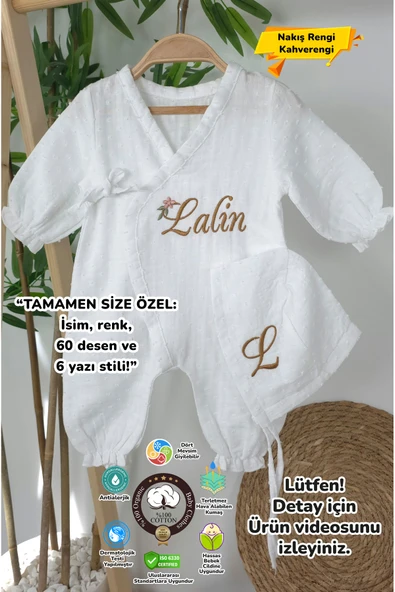 gros shop Müslin Yeni Doğan 4Katlı Organik %100Pamuk Kişiye Özgü Nakışlı Hastane Çıkış Seti-Papatya Model1 ürün görseli