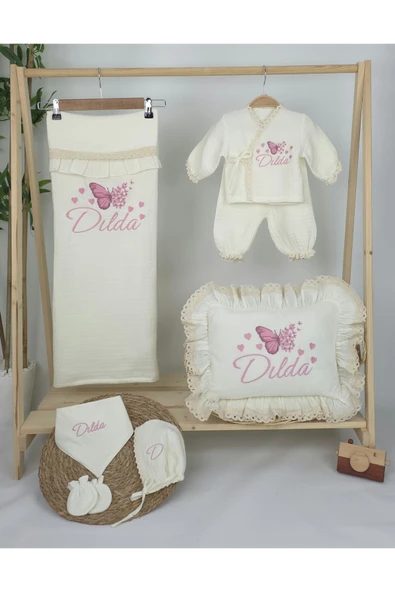 gros shop Müslin Yeni Doğan 4Katlı Organik %100Pamuk Kişiye Özgü Nakışlı Hastane Çıkış Seti (Çoklu Kelebek-3) - 2