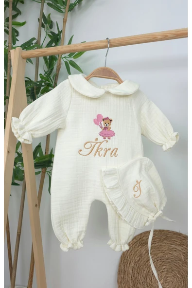 gros shop Müslin Yeni Doğan 4Katlı Organik %100Pamuk Kişiye Özgü Nakışlı Hastane Çıkış Seti (Ayıcık Model-5) - 3