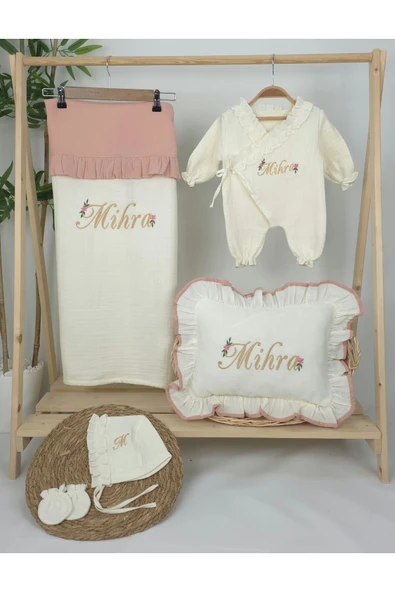 gros shop Müslin Yeni Doğan 4Katlı Organik %100Pamuk Kişiye Özgü Nakışlı Hastane Çıkış Seti (Papatya Model-11) - Resim 2