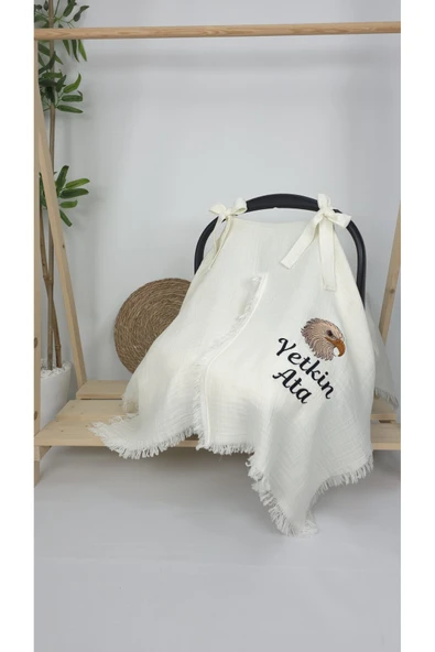 gros shop Müslin Yeni Doğan 4Katlı Organik %100Pamuk Kişiye Özgü Nakışlı Hastane Çıkış Seti (Kartal Model) - Resim 2