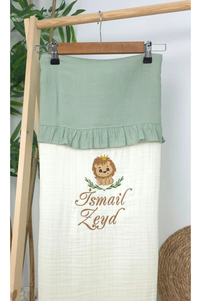 gros shop Müslin Yeni Doğan 4Katlı Organik %100Pamuk Kişiye Özgü Nakışlı Hastane Çıkış Seti (Aslan Model-2) - Resim 3