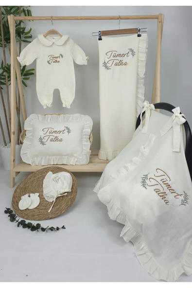 gros shop Müslin Yeni Doğan 4Katlı Organik %100Pamuk Kişiye Özgü Nakışlı Hastane Çıkış Seti(İki Dallı Model-2) - Resim 2