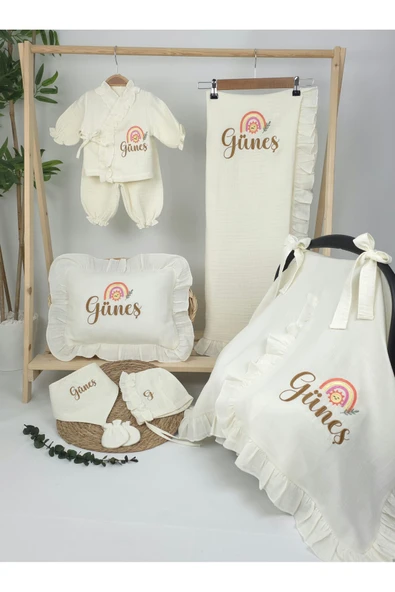 gros shop Müslin Yeni Doğan 4Katlı Organik %100Pamuk Kişiye Özgü Nakışlı Hastane Çıkış Seti(Gökkuşağı Model-3) - Resim 2