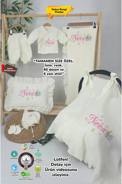 gros shop Müslin Yeni Doğan 4Katlı Organik %100Pamuk Kişiye Özgü Nakışlı Hastane Çıkış Seti (Nota Model) ürün görseli