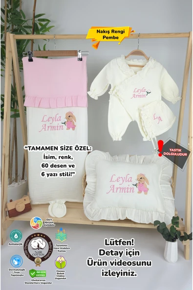gros shop Müslin Yeni Doğan 4Katlı Organik %100Pamuk Kişiye Özgü Nakışlı Hastane Çıkış Seti-Tavşan Model-1 - 1
